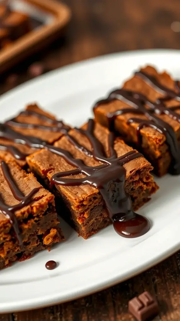 Delicious sweet potato brownies drizzled with chocolate sauce on a white plate.