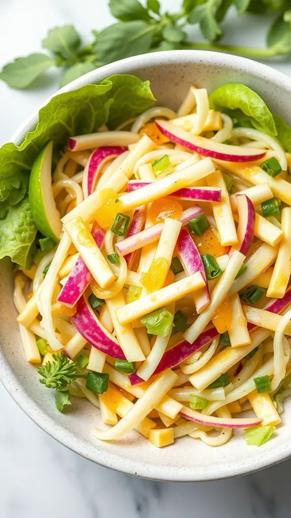 A bowl of cabbage and apple slaw with colorful ingredients.