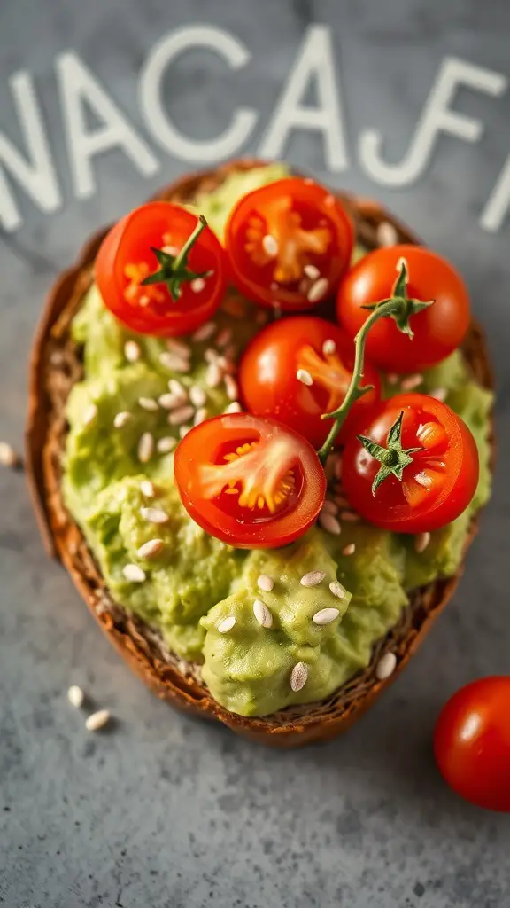 A slice of avocado toast topped with cherry tomatoes and sesame seeds.