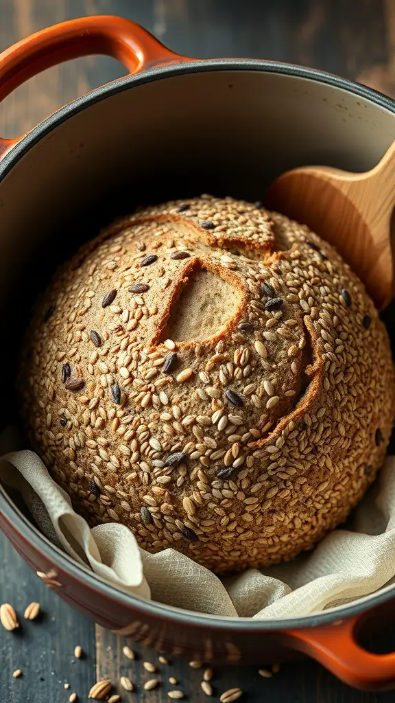 A freshly baked multigrain bread in a Dutch oven, topped with sesame and sunflower seeds.