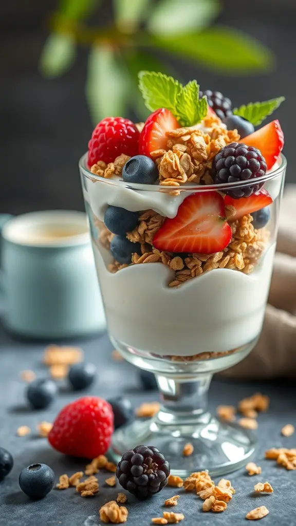 A glass of Greek yogurt layered with granola and topped with fresh berries.