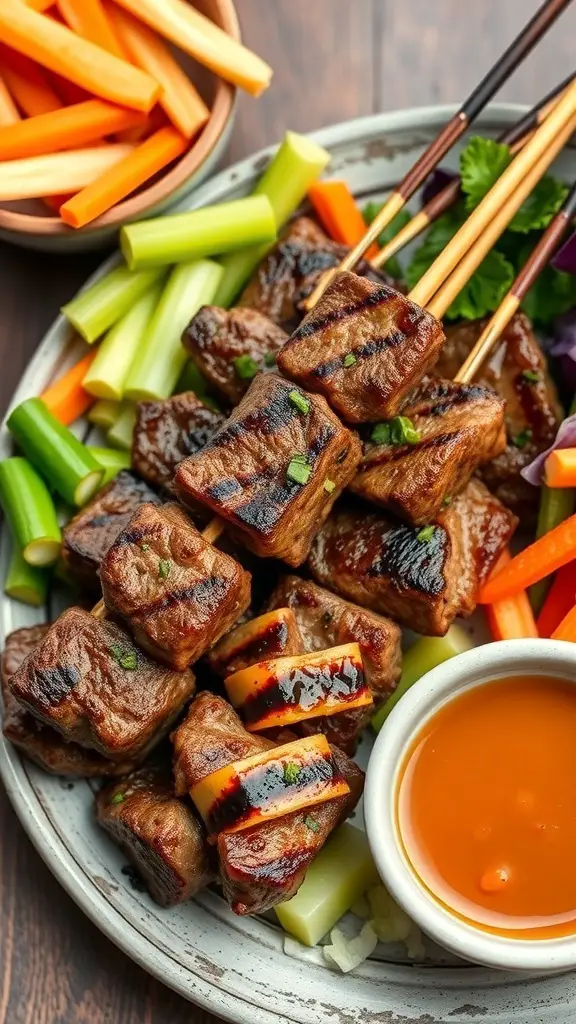 Delicious teriyaki beef skewers served with fresh vegetables and dipping sauce