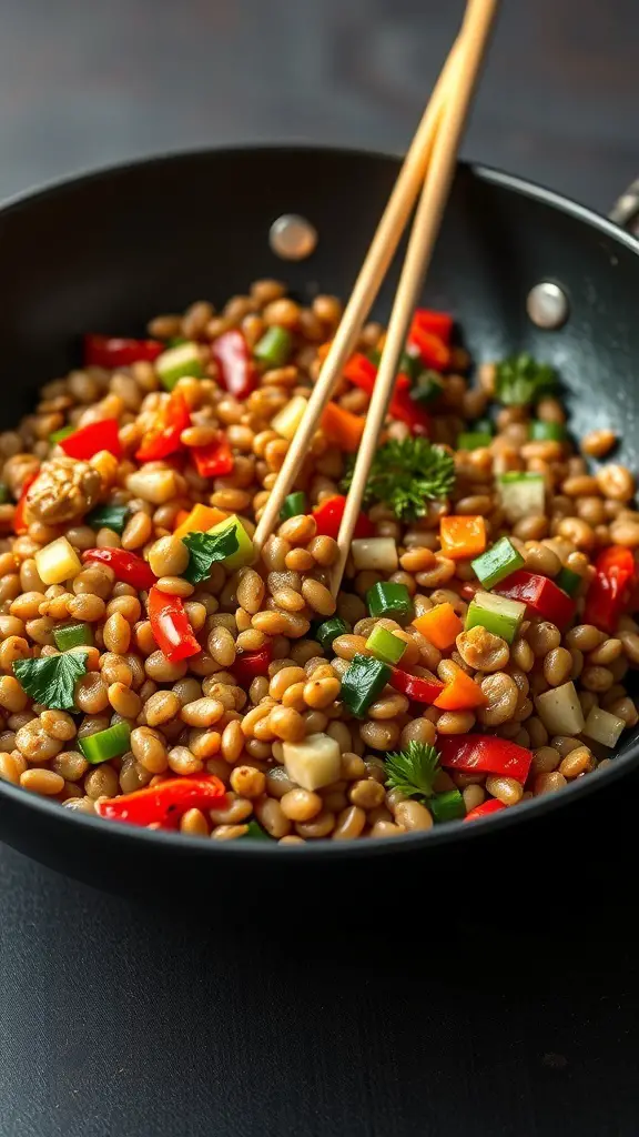 A colorful stir-fry with lentils and various vegetables in a black skillet.