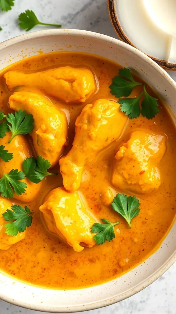 A bowl of chicken curry with coconut milk, garnished with fresh cilantro.