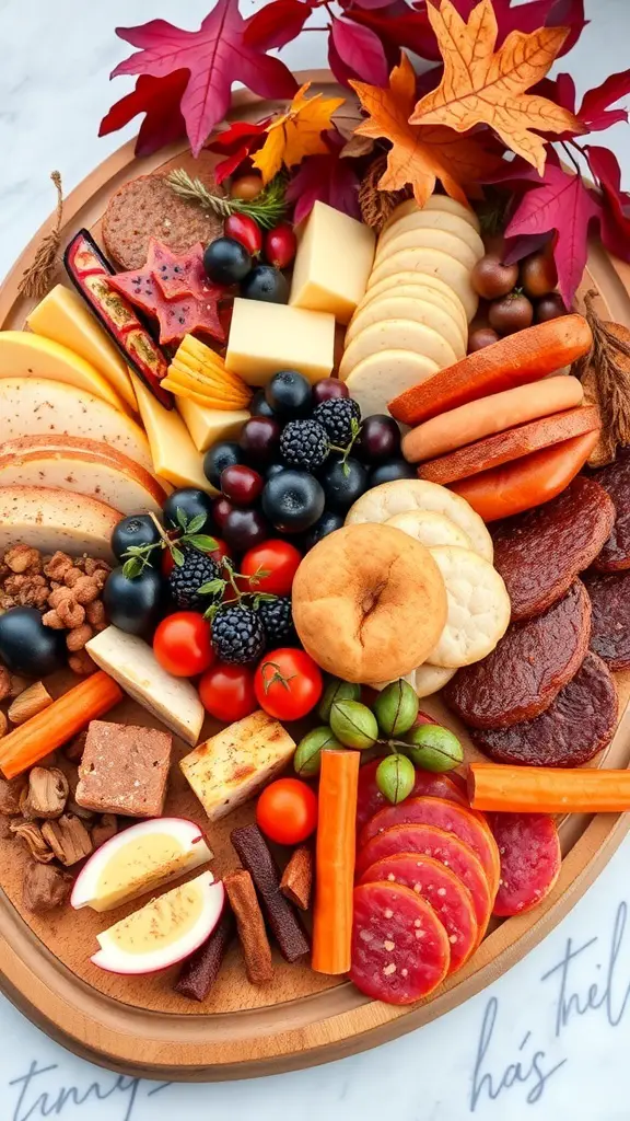 A beautifully arranged charcuterie board featuring cheeses, meats, and seasonal fruits with autumn leaves.