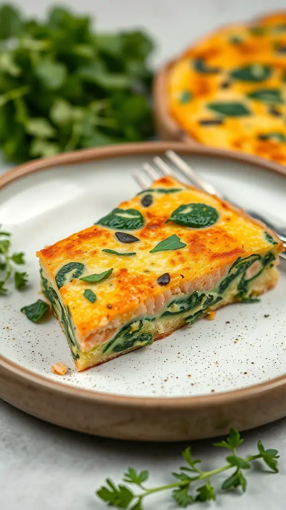 A slice of salmon frittata with spinach on a plate, garnished with fresh herbs.
