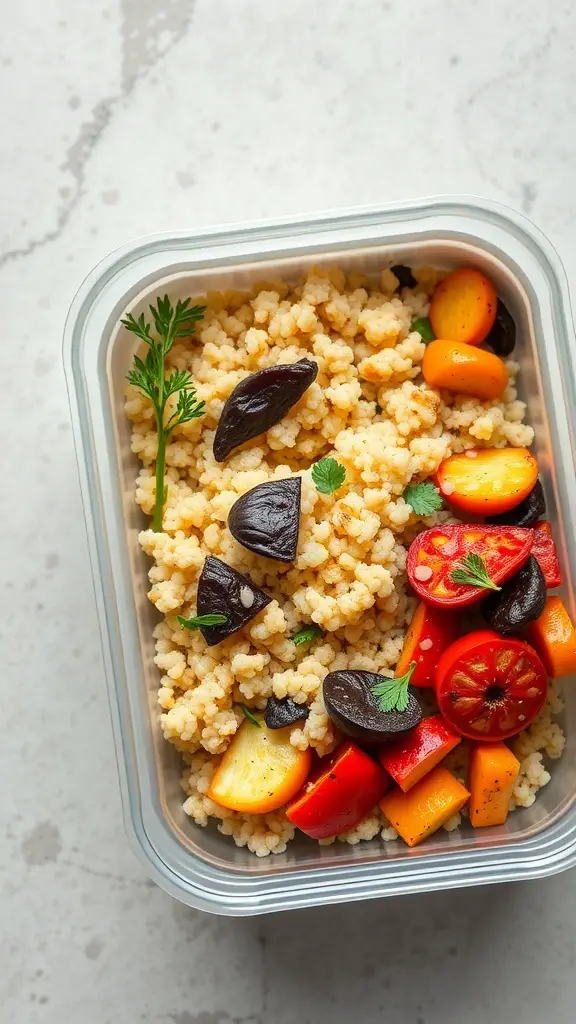 A lunch box containing couscous and roasted vegetables, featuring colorful bell peppers, tomatoes, and herbs.