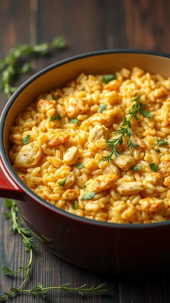 A Dutch oven filled with chicken and rice casserole, garnished with herbs.
