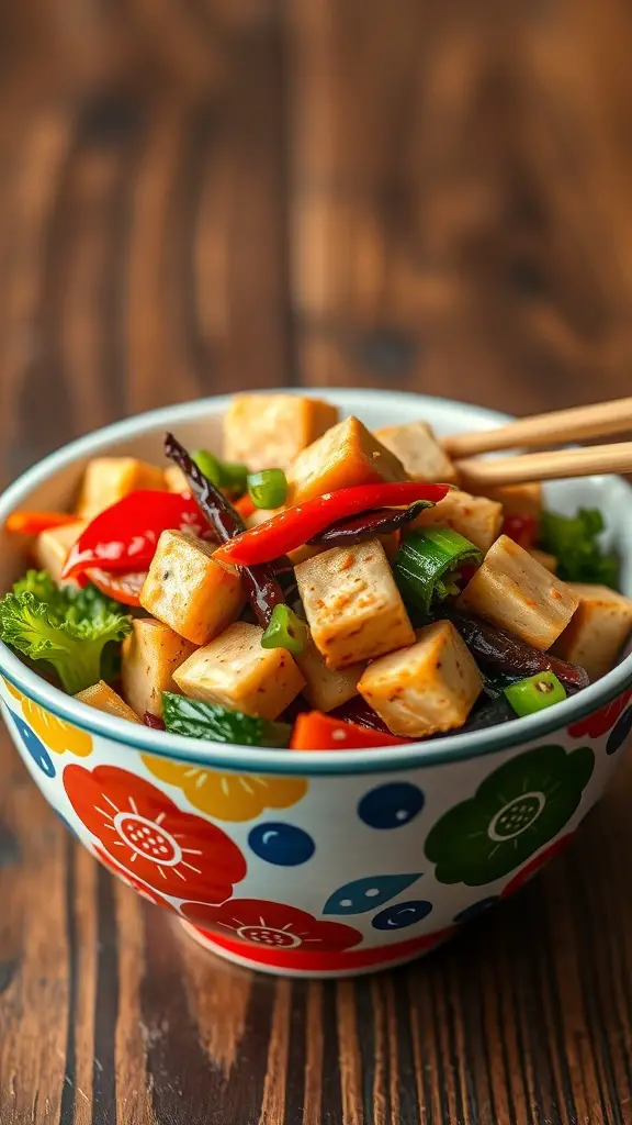 A bowl of vegetable stir-fry with tofu, featuring colorful vegetables and tofu cubes.