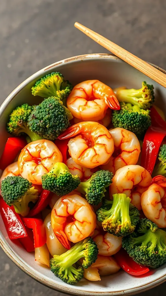 A bowl of shrimp stir-fry with broccoli and red peppers, garnished with chopsticks.