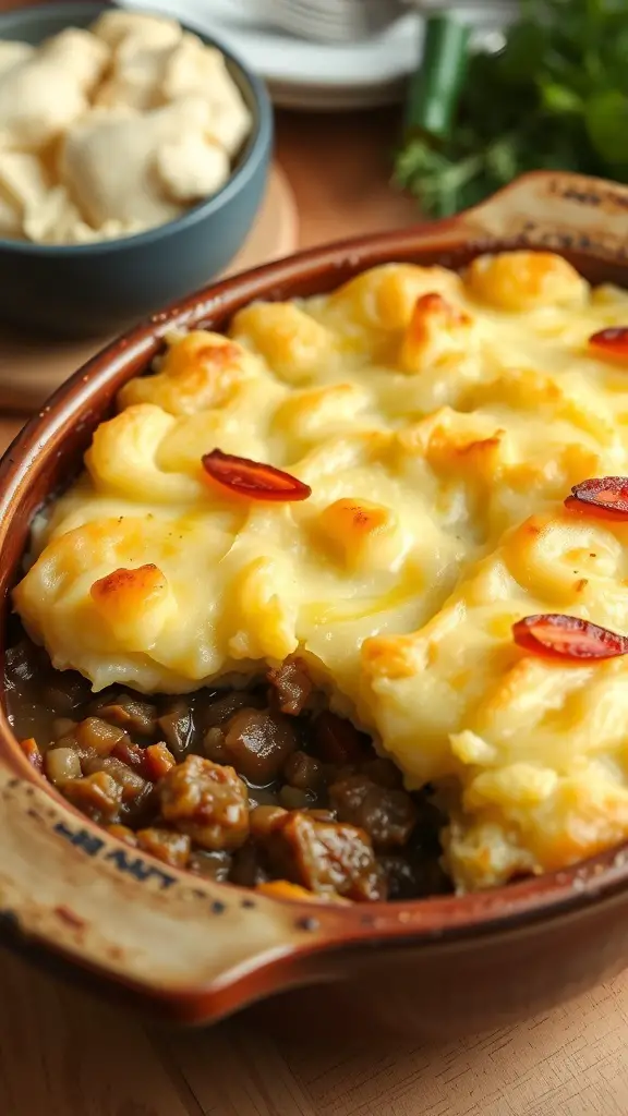 A delicious Shepherd's Pie with a golden mashed potato topping, showcasing a hearty meat filling.