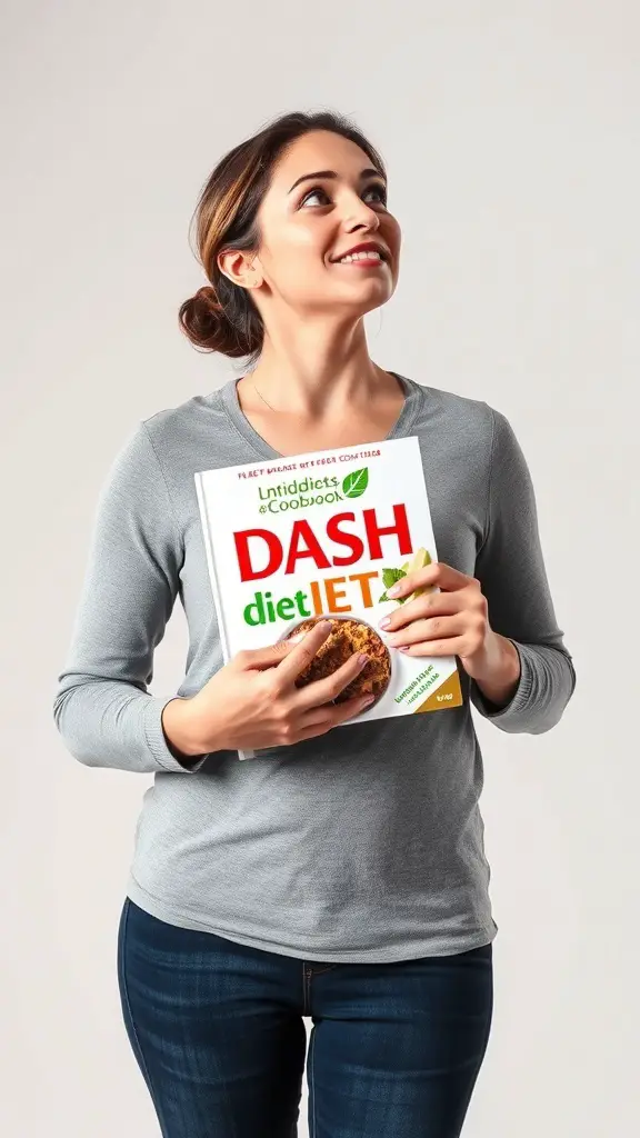 A woman holding a DASH diet cookbook, looking optimistic about her health journey.