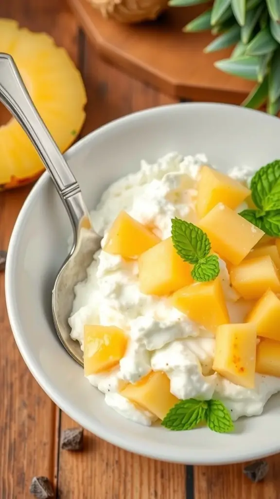 A bowl of cottage cheese topped with pineapple chunks and mint leaves on a wooden table.