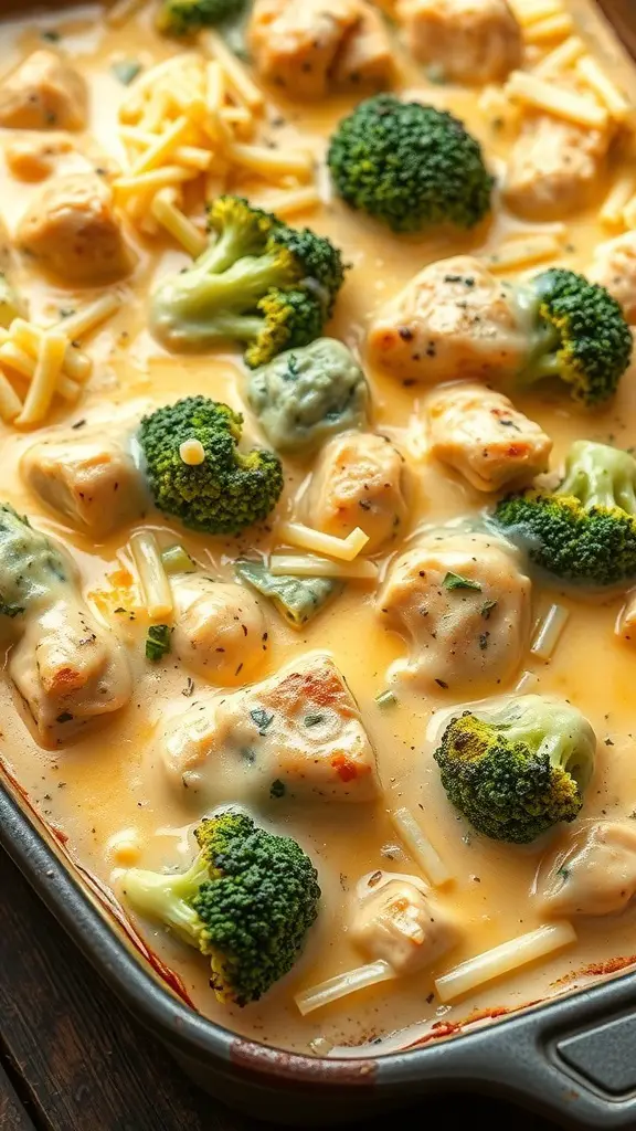 A delicious Chicken and Broccoli Alfredo Bake with pasta, chicken, and broccoli in a creamy sauce.