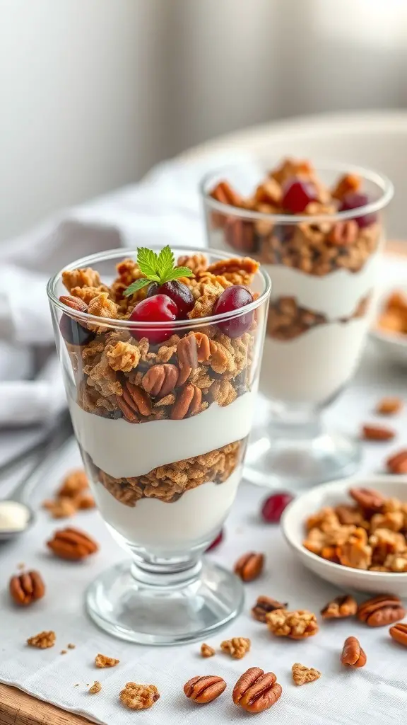Pecan and cranberry granola parfaits in clear glasses, topped with mint leaves.