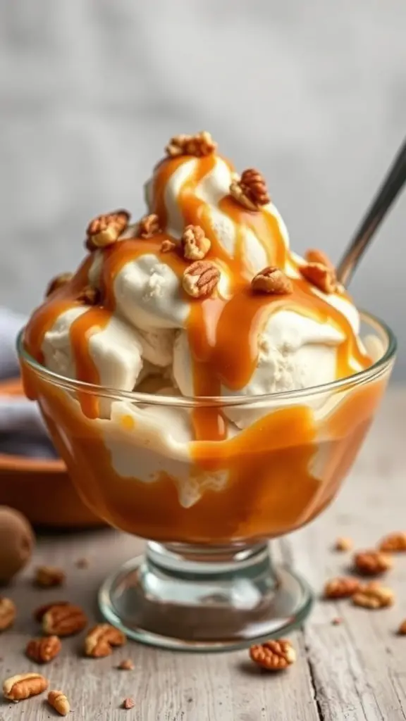 A delicious sweet potato ice cream sundae topped with caramel sauce and pecans.