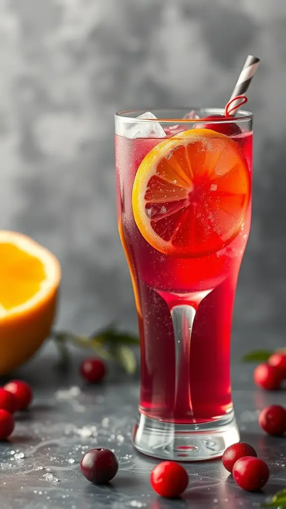 A refreshing Cranberry Orange Sparkler mocktail in a tall glass with ice and a slice of orange on the rim.