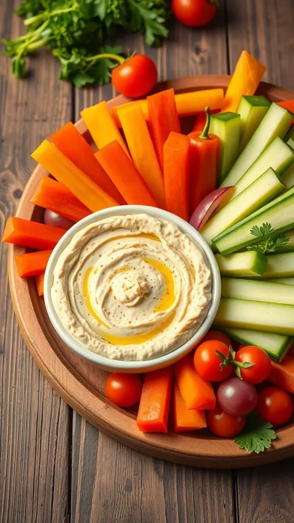 A platter of colorful vegetable sticks including carrots, bell peppers, and cucumbers, served with a bowl of hummus.