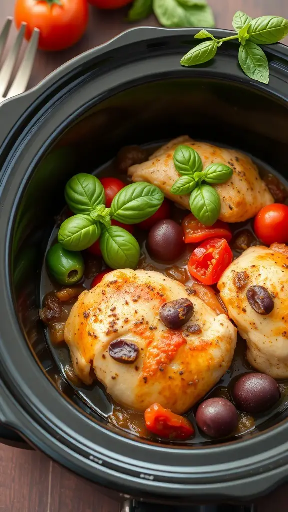 Crockpot Italian chicken with tomatoes and olives, garnished with fresh basil.