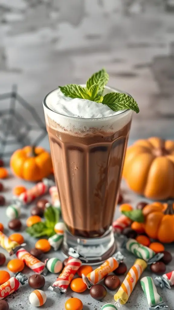 A chocolate mint mocktail in a glass, topped with whipped cream and mint leaves, surrounded by Halloween candies and mini pumpkins.