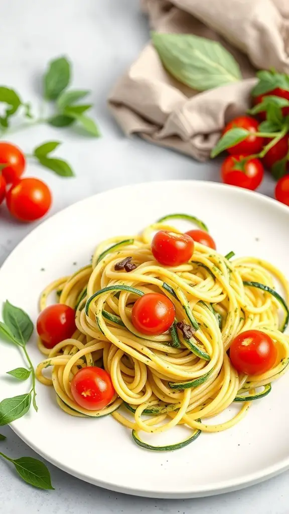 A plate of zucchini noodles with pesto and cherry tomatoes, garnished with basil leaves.