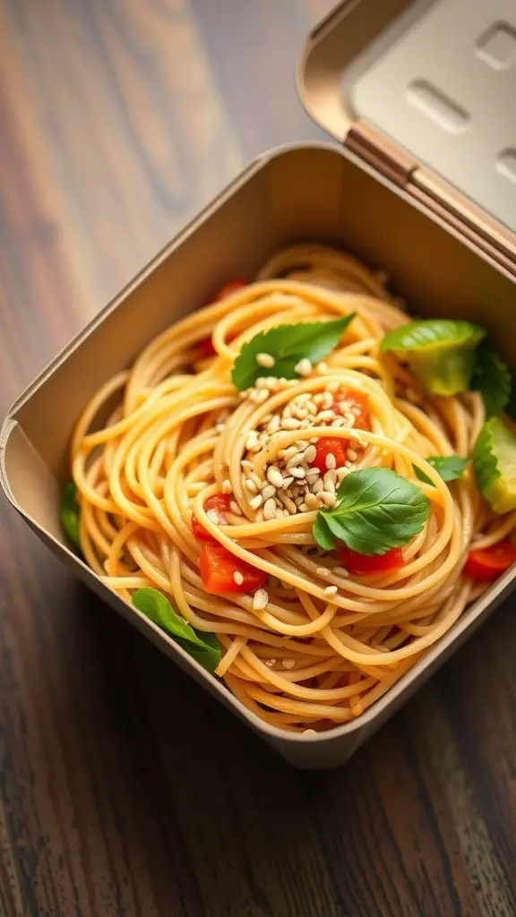 Asian noodle salad with peanut dressing in a lunch box