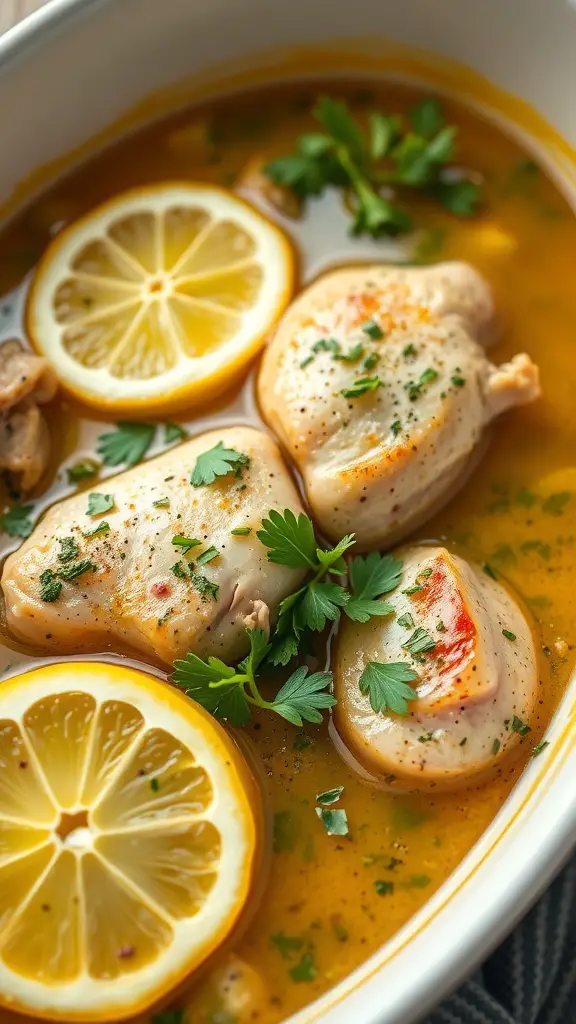 A bowl of Lemon Herb Chicken Stew with chicken pieces, lemon slices, and fresh herbs.