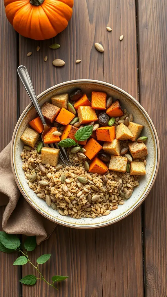 A bowl of savory pumpkin quinoa with roasted pumpkin cubes, seeds, and fresh herbs on a wooden table.