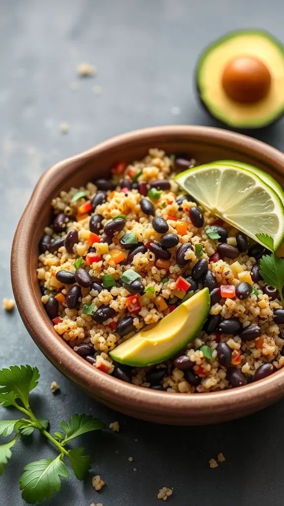 A bowl of quinoa and black bean salad with lime and avocado slices