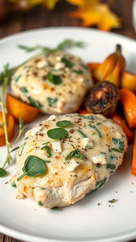 Creamy Spinach and Feta Stuffed Chicken served with roasted vegetables