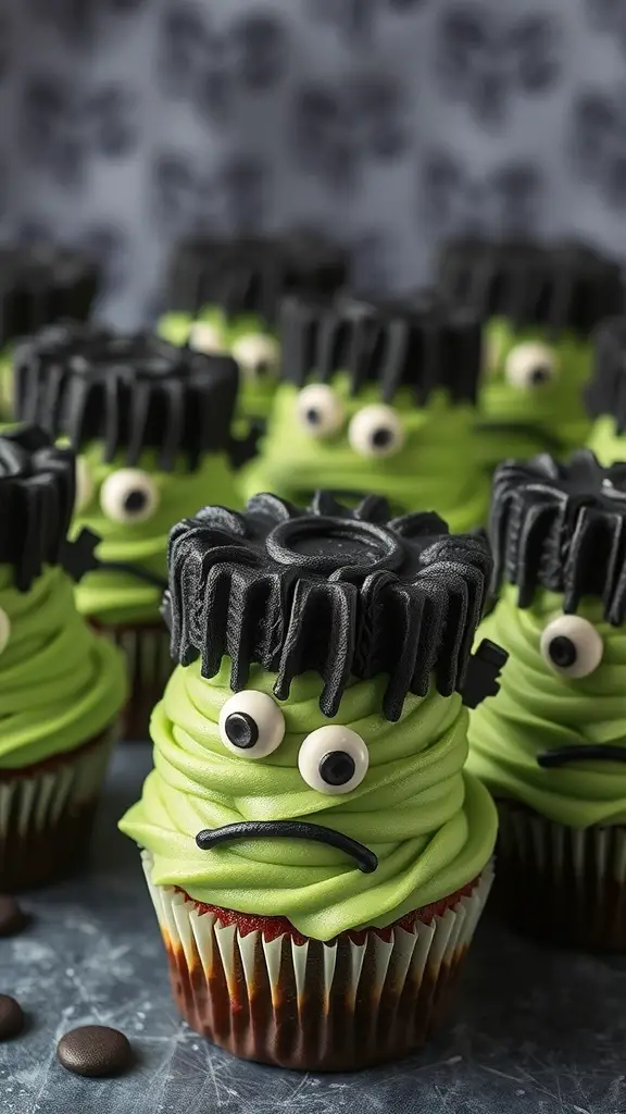 A display of Frankenstein's Monster cupcakes with green frosting, black hair, and candy eyes.