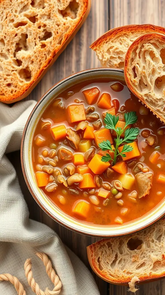 A bowl of lentil soup with carrots and celery, garnished with parsley, alongside slices of bread.