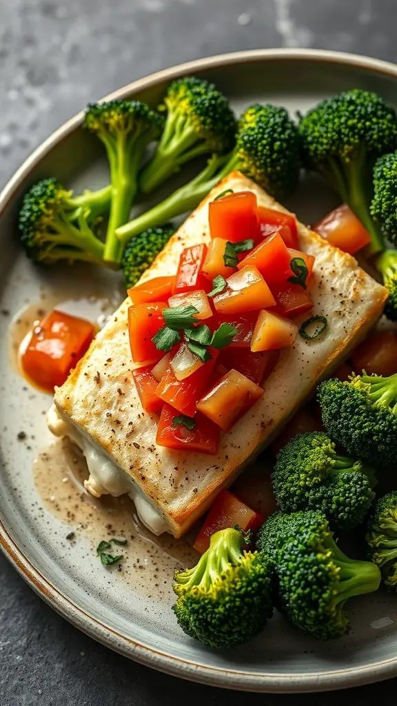 Baked cod topped with tomato salsa, served with steamed broccoli on a plate.