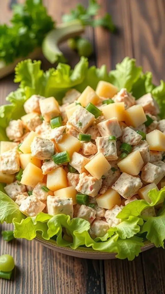 A bowl of canned potato and tuna salad with green onions on a bed of lettuce.