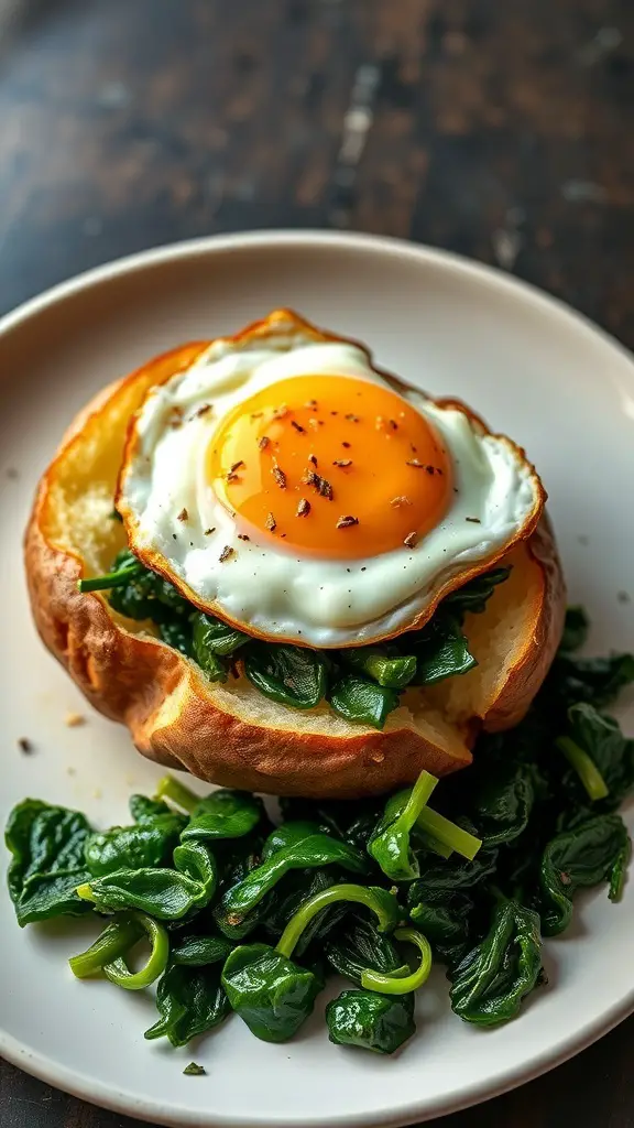 A baked potato filled with spinach and topped with a sunny-side-up egg.
