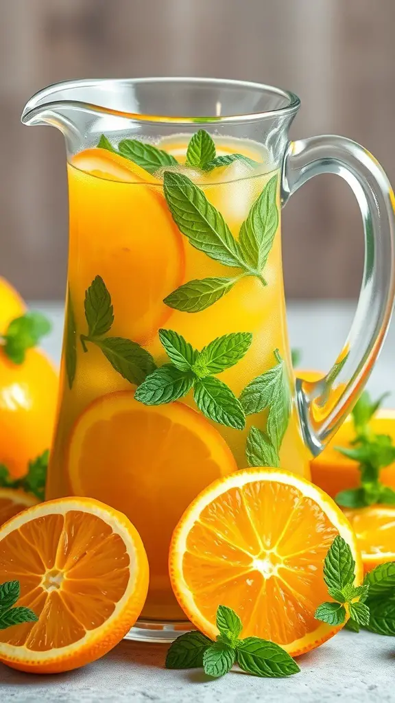 A pitcher of orange mint punch with fresh mint leaves and sliced oranges