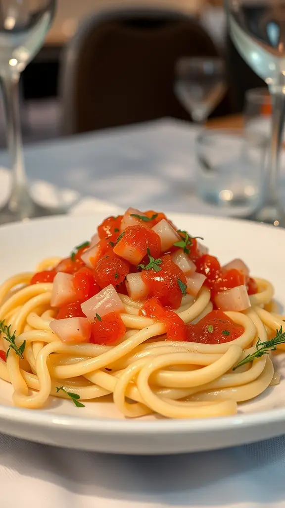 A plate of pasta topped with diced tomatoes and caviar, garnished with herbs.