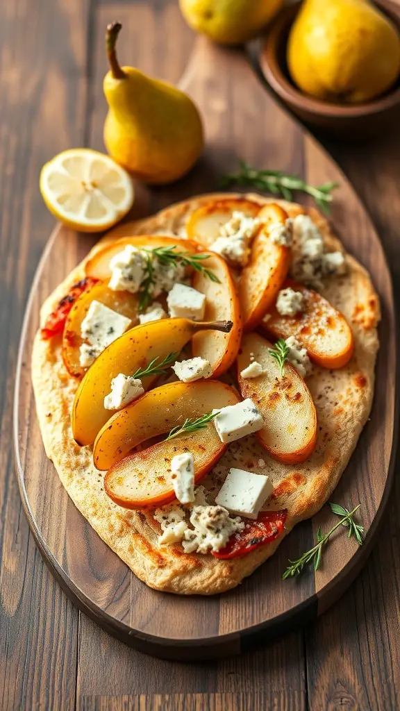 A delicious spiced pear and gorgonzola flatbread topped with fresh herbs on a wooden board.