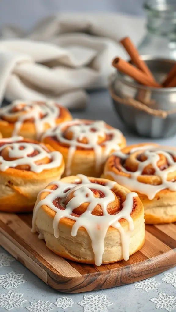 A close-up of cinnamon rolls drizzled with icing on a wooden board, with cinnamon sticks in the background.