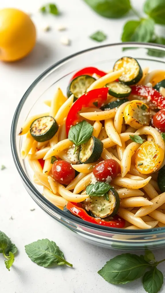 A bowl of Pesto Penne Salad with grilled vegetables, featuring colorful zucchini, bell peppers, and cherry tomatoes.