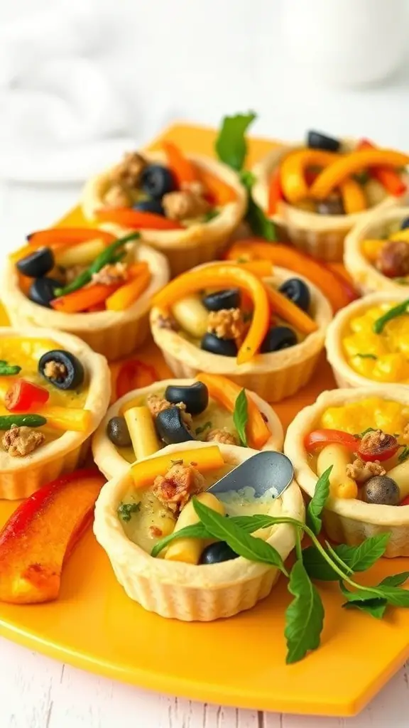 A colorful platter of mini quiches filled with seasonal vegetables.