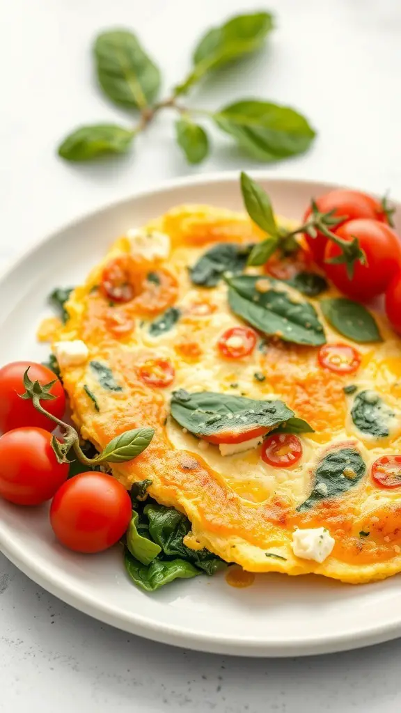A delicious spinach and feta omelette garnished with cherry tomatoes and fresh basil.