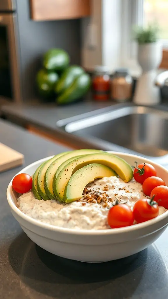 A bowl of overnight oats topped with sliced avocado and cherry tomatoes, set in a kitchen environment.