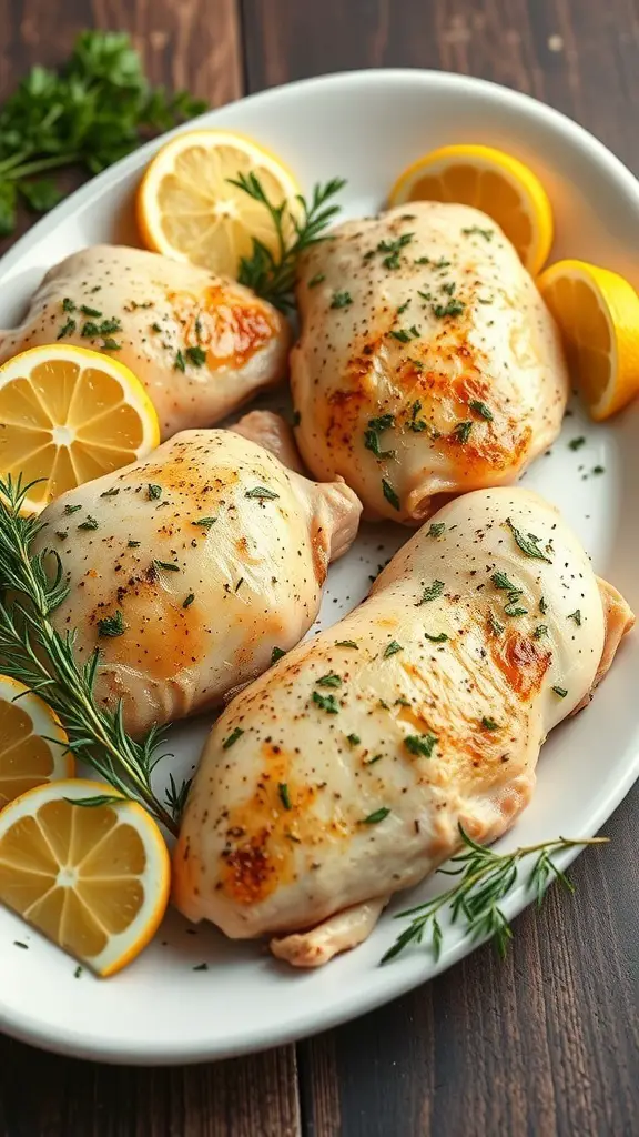 Lemon Garlic Roasted Chicken Breasts with lemon slices and rosemary
