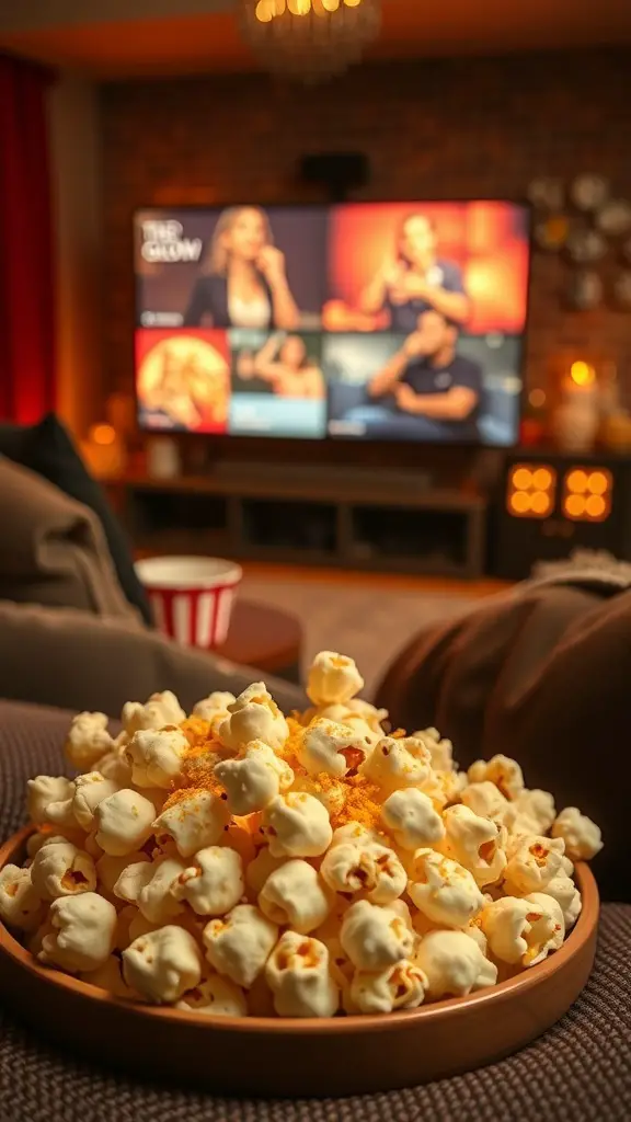 A bowl of popcorn topped with nutritional yeast, set in a cozy living room with a TV in the background.