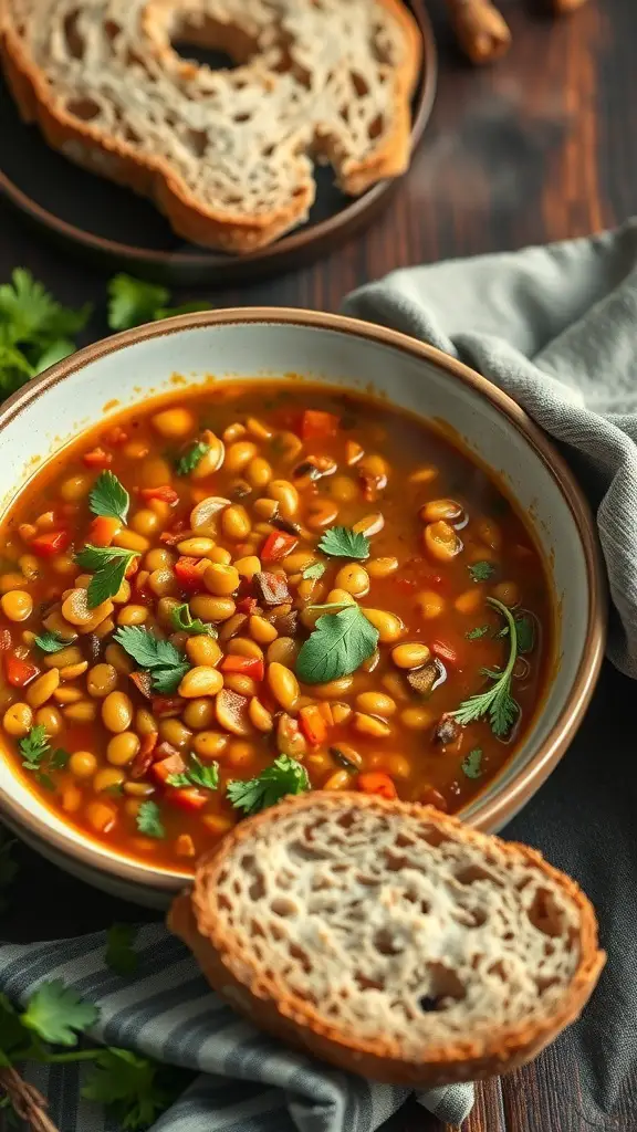 A bowl of spicy lentil soup with fresh cilantro and slices of bread on the side.