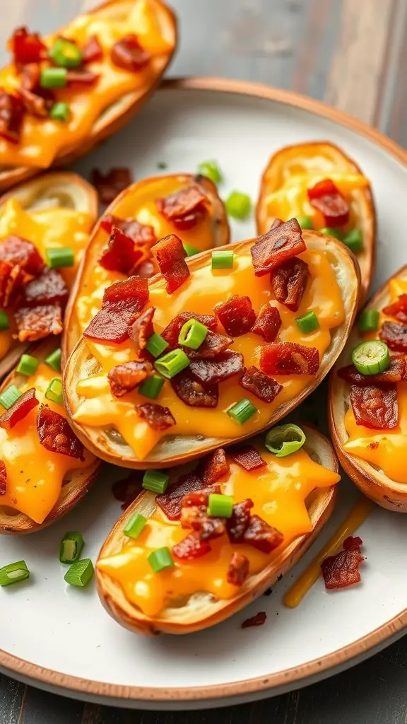 A plate of crispy potato skins topped with cheddar cheese, bacon bits, and green onions.