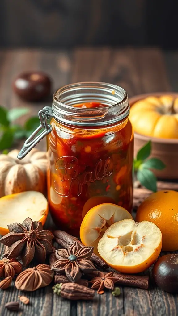A jar of homemade chutney surrounded by fresh fruits and spices.