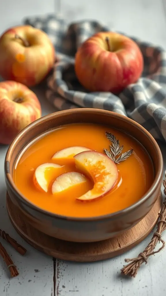 A bowl of roasted sweet potato and apple soup garnished with apple slices, surrounded by fresh apples and a checkered cloth.