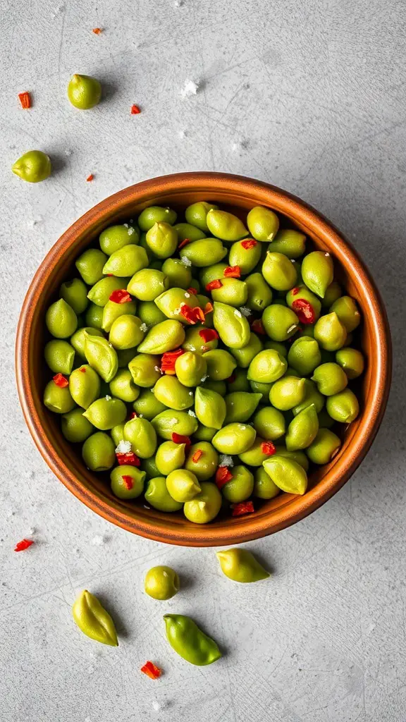 A bowl of spicy edamame pods with red chili flakes sprinkled on top